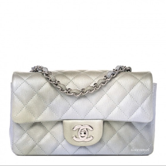 {CHANEL} Metallic Goatskin Quilted Mini Rectangular Flap Grey Green - Picture 2 of 10